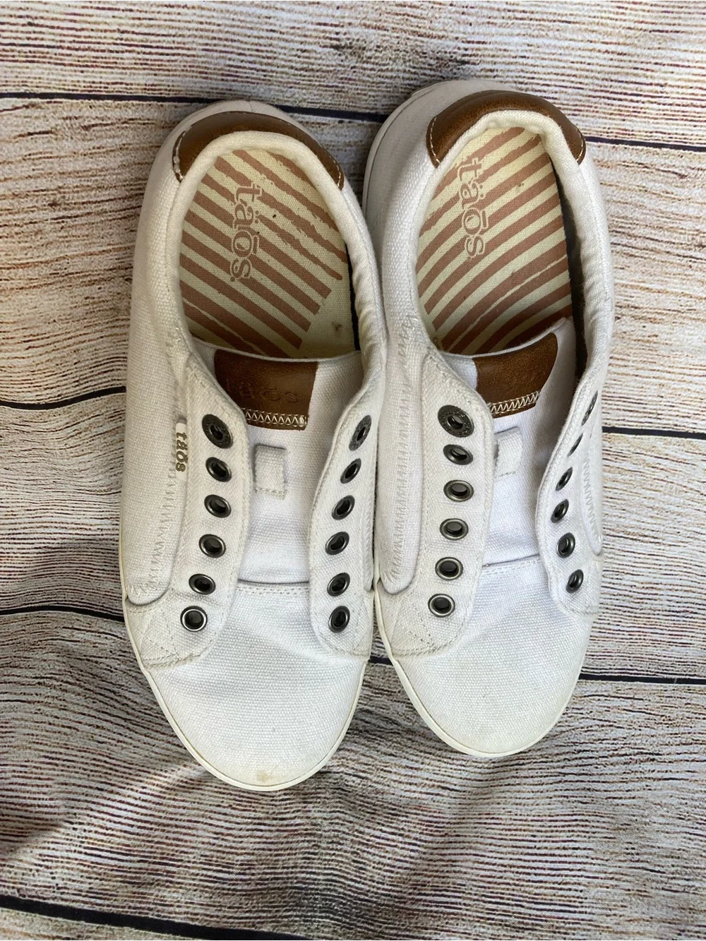 Taos Footwear Women’s White Canvas Sneakers with Brown Accents